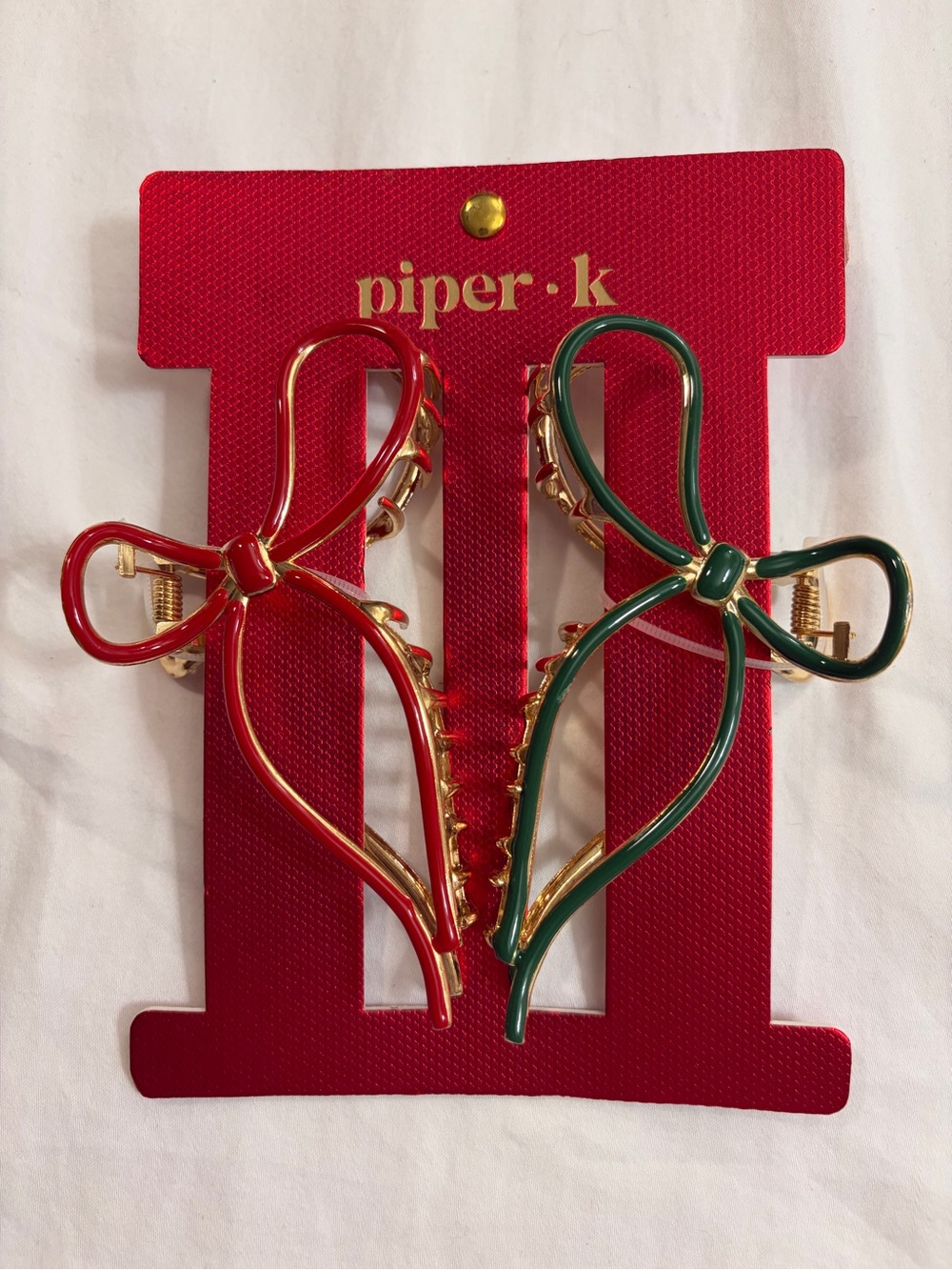 Piper K Red Green Bow Metal Claw Hair Clips Set of 2 NWT
